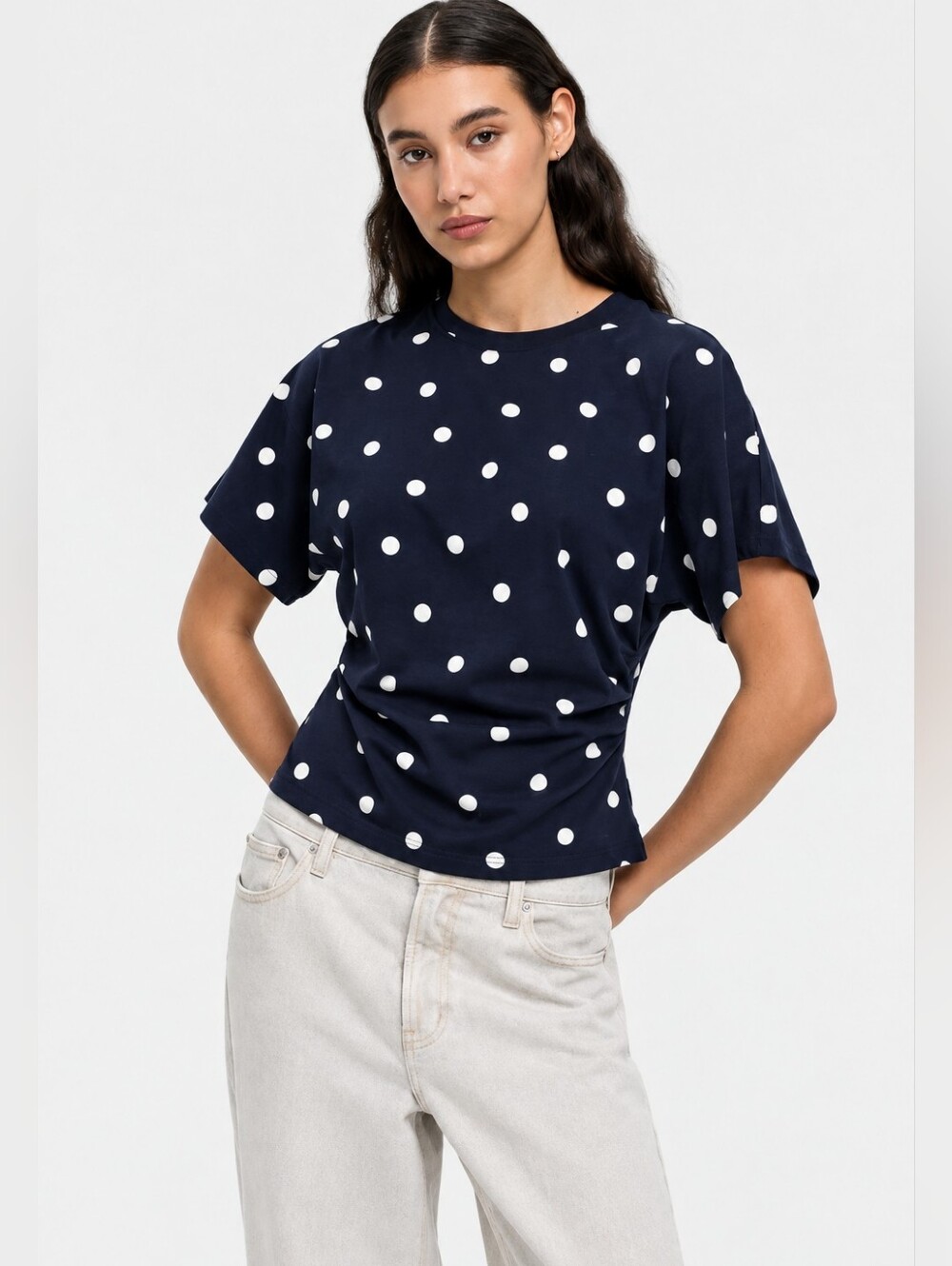 REITMANS Navy Polka Dot Short Sleeve Tee Sz M Shirred Sides Organic Cotton